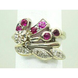 Retro Vintage 0.33ct tw Natural Ruby & Diamond Ring 14k White Gold Size 4.5